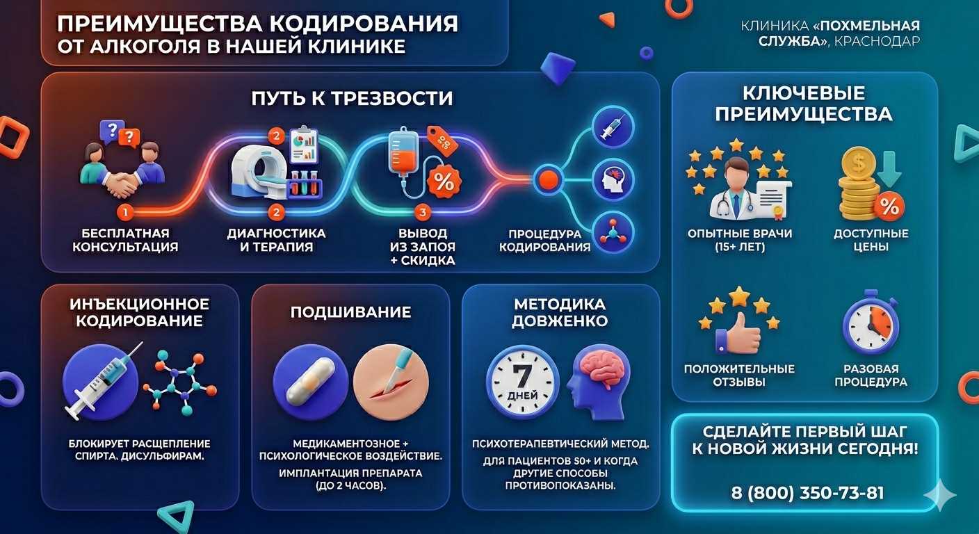 Инфографика о методах кодирования от алкоголя в Цивильске: инъекции, подшивание, метод Довженко. Преимущества клиники и этапы лечения.